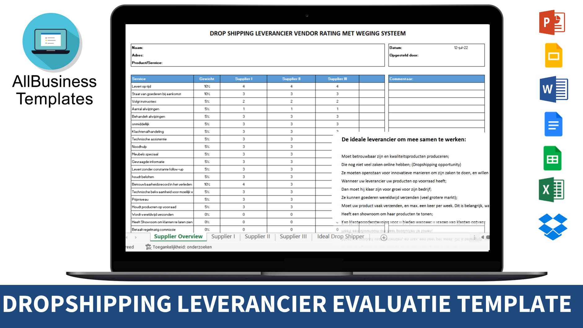 Drop Shipping Leverancierbeoordeling Matrix 模板