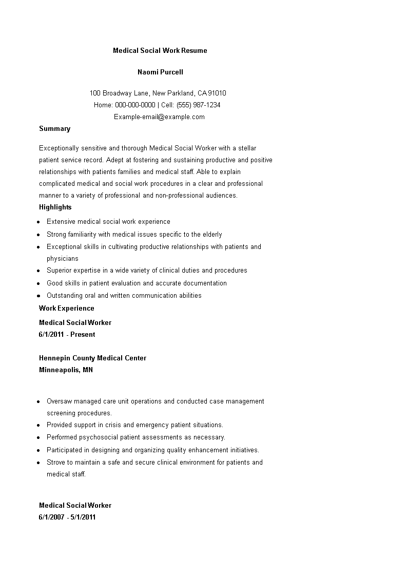 Medical Social Work Resume example main image