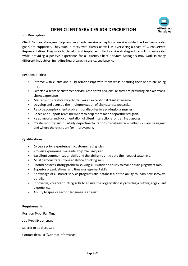 open client services job description modèles