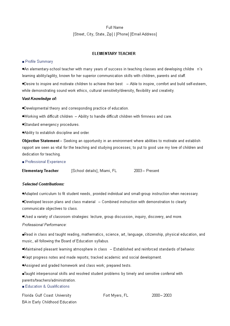 experienced elementary teacher resume sample Hauptschablonenbild