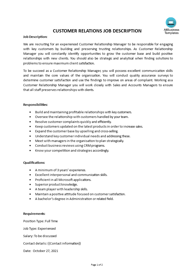 customer relations job description template