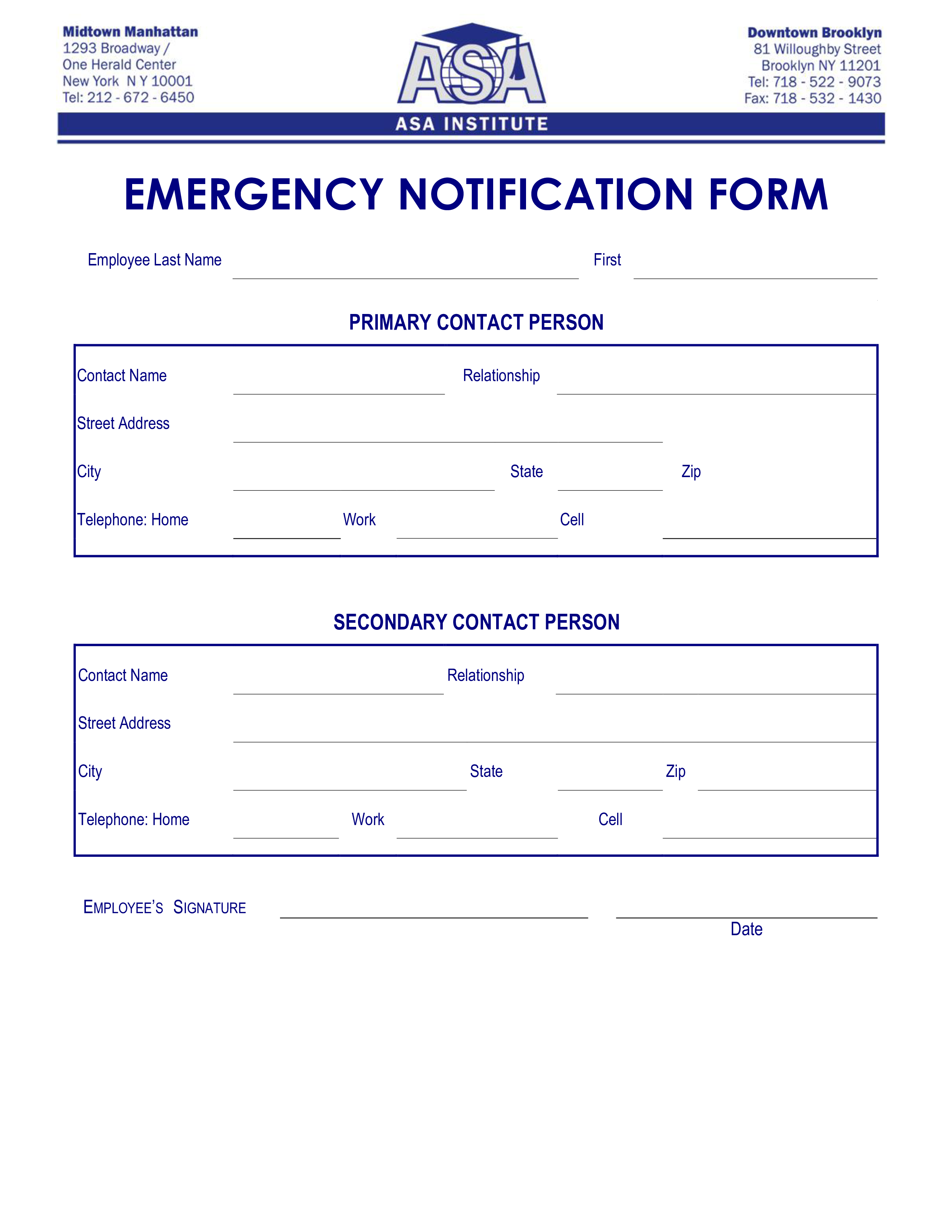 Institute Employee Emergency Notification Form main image