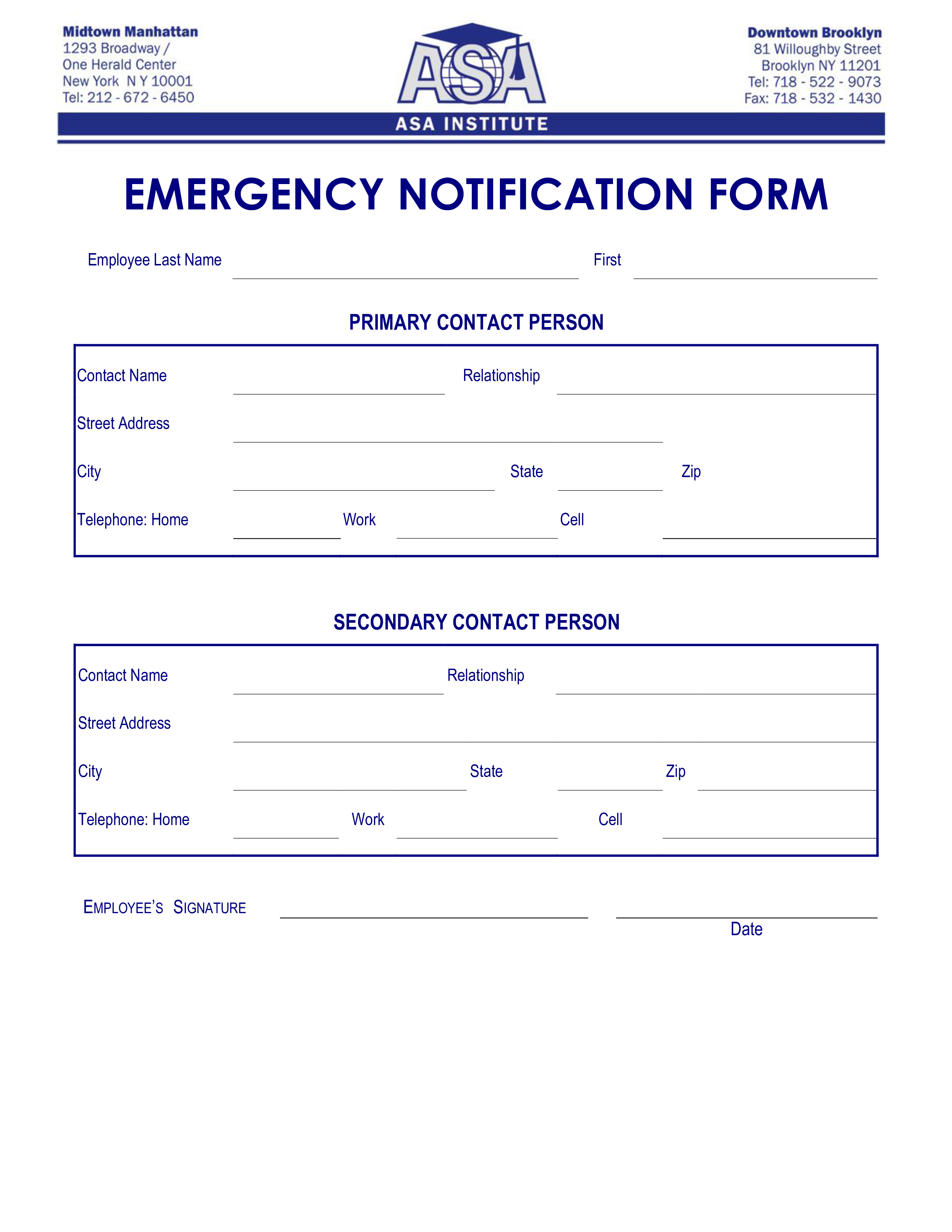 institute employee emergency notification form template