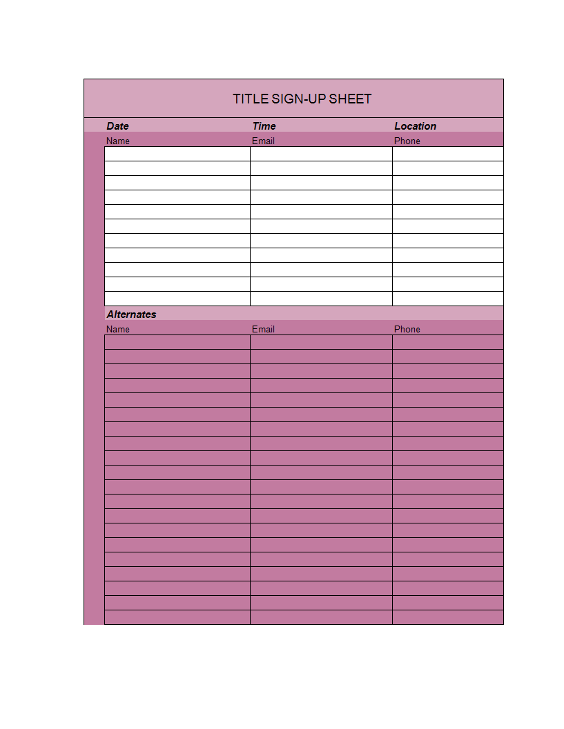 sign-up sheet excel modèles