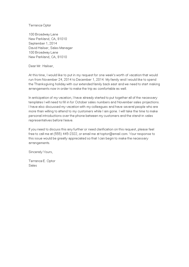 formal vacation leave letter template