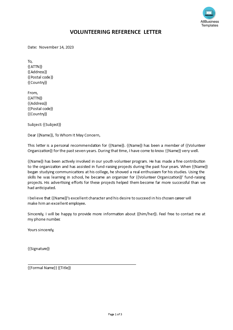 best volunteer reference letter template