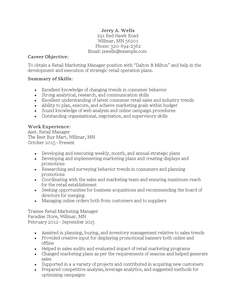 Retail Marketing Manager CV sample 模板