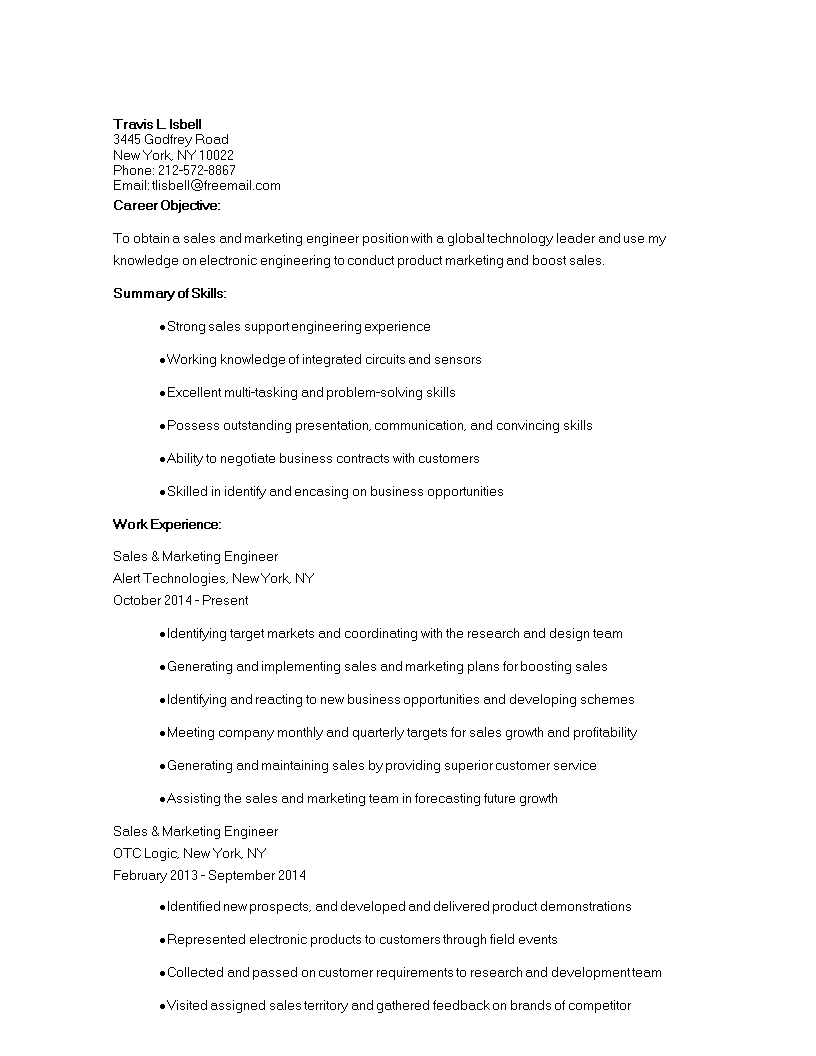 sales marketing engineer cv modèles