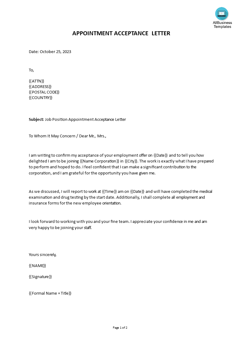 job position appointment acceptance letter template