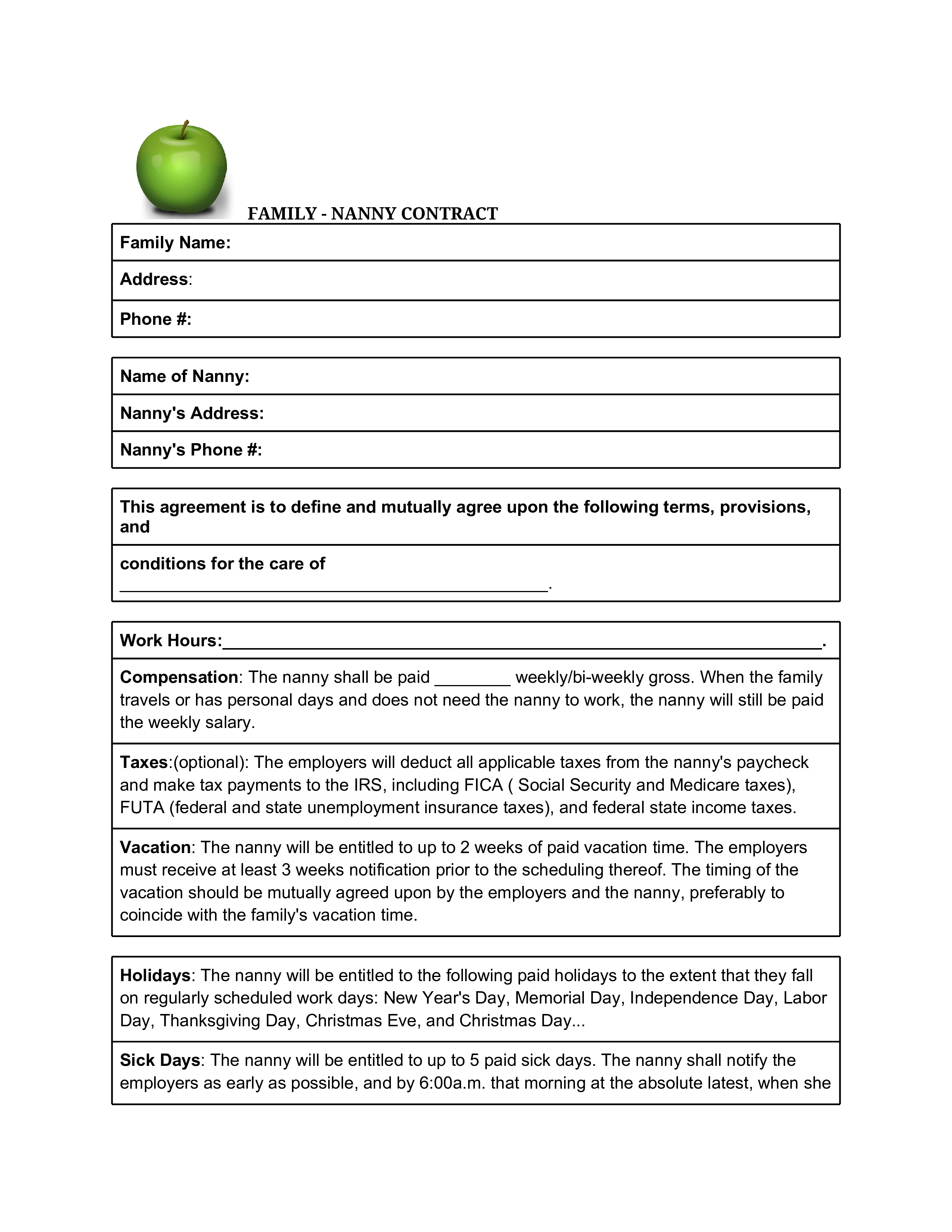 family nanny contract modèles