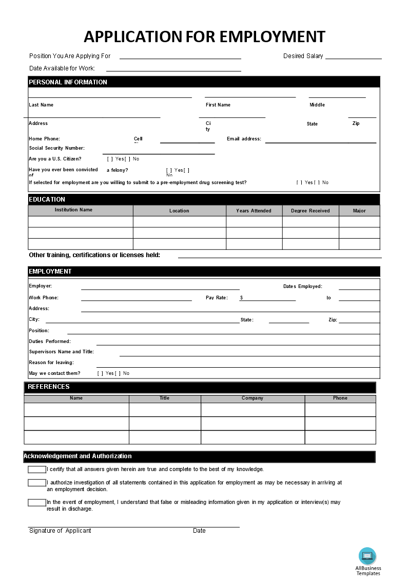 Simple SME Job Application Form  Templates at Within Employment Application Template Microsoft Word