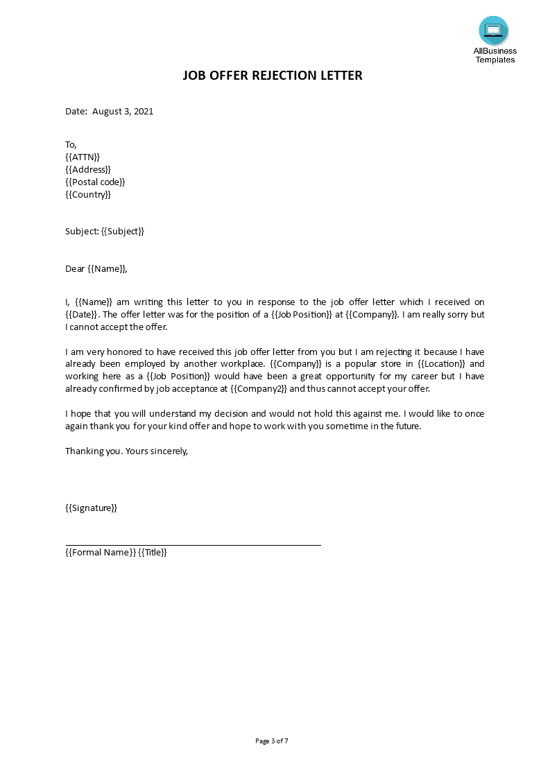 email job offer rejection letter Hauptschablonenbild