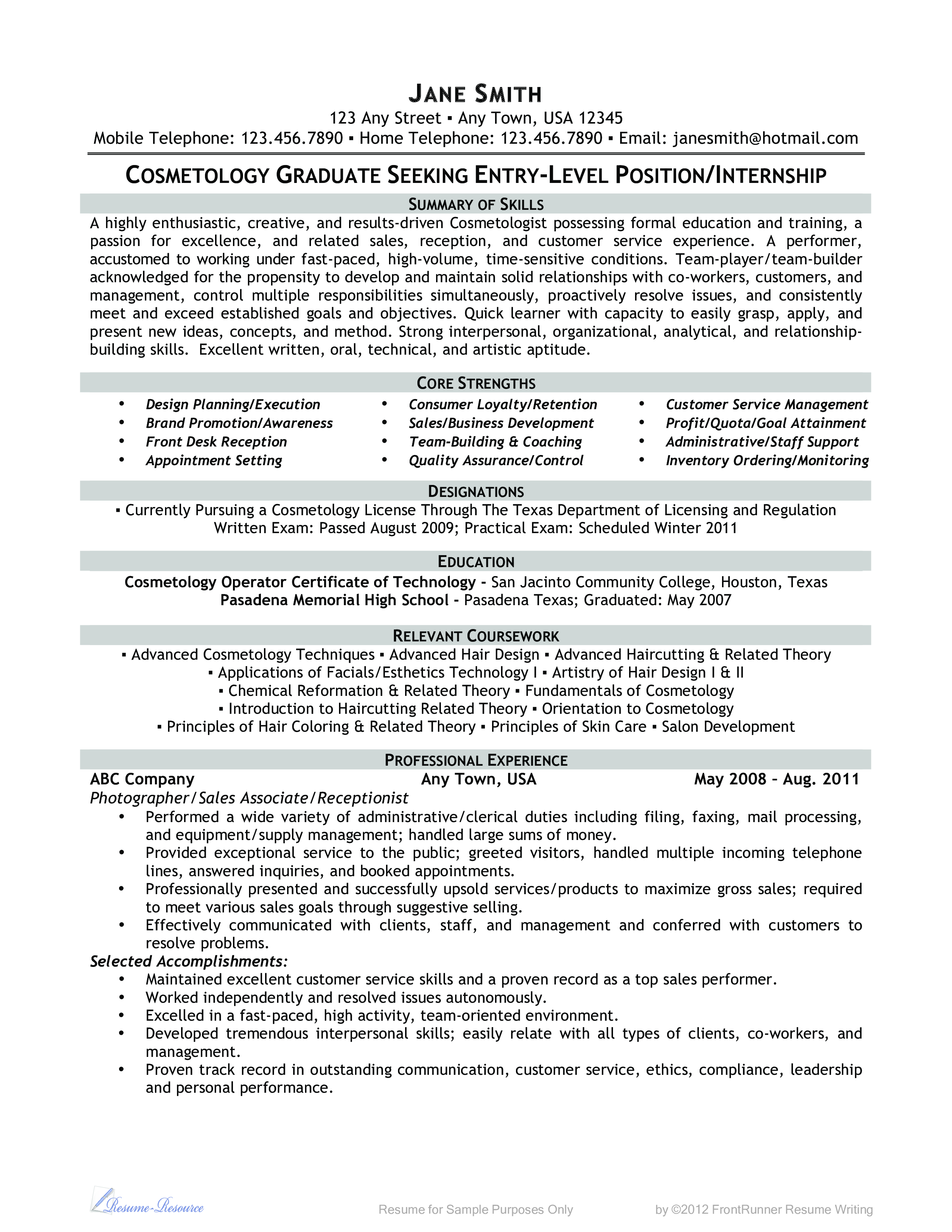 entry level cosmetology resume template