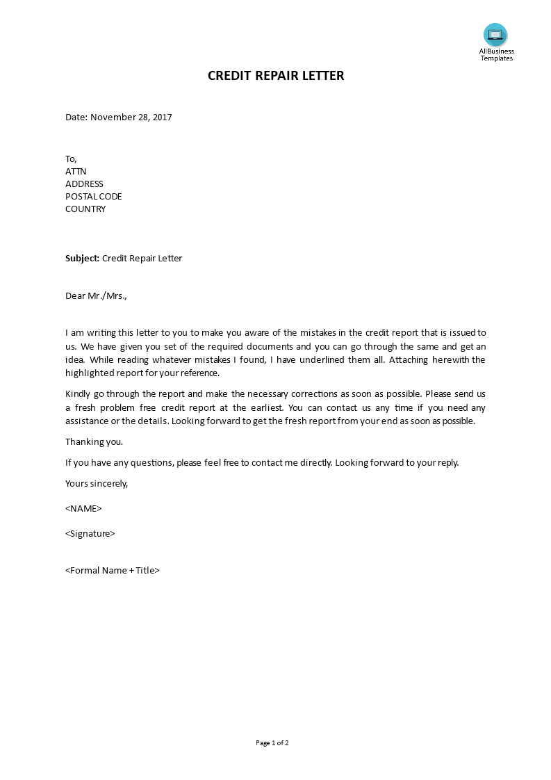 credit repair letter voorbeeld afbeelding 