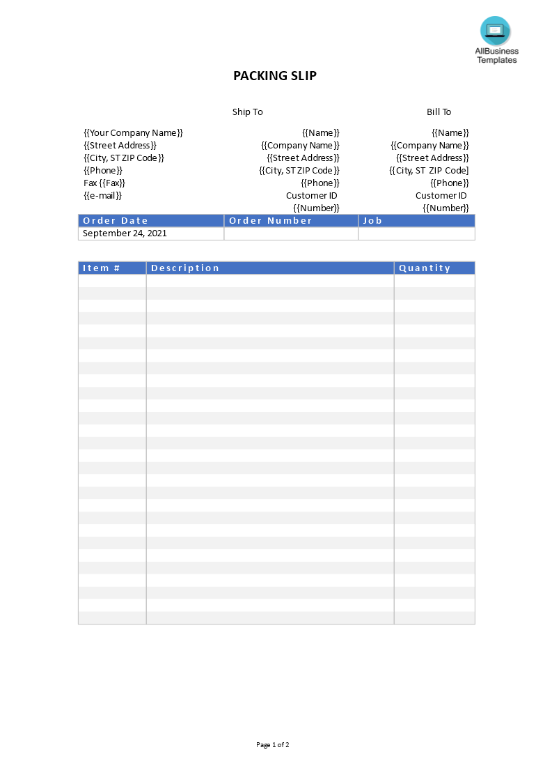 packing slip template Hauptschablonenbild