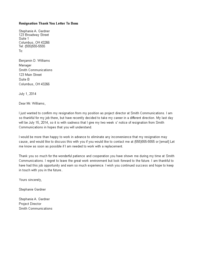 resignation thank you letter to boss Hauptschablonenbild