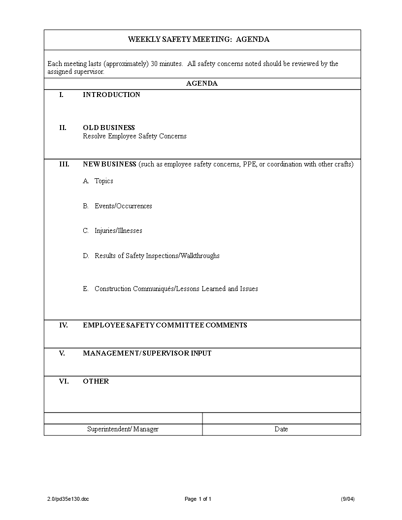 Kostenloses Weekly Safety Meeting Agenda Intended For Weekly Meeting Agenda Template