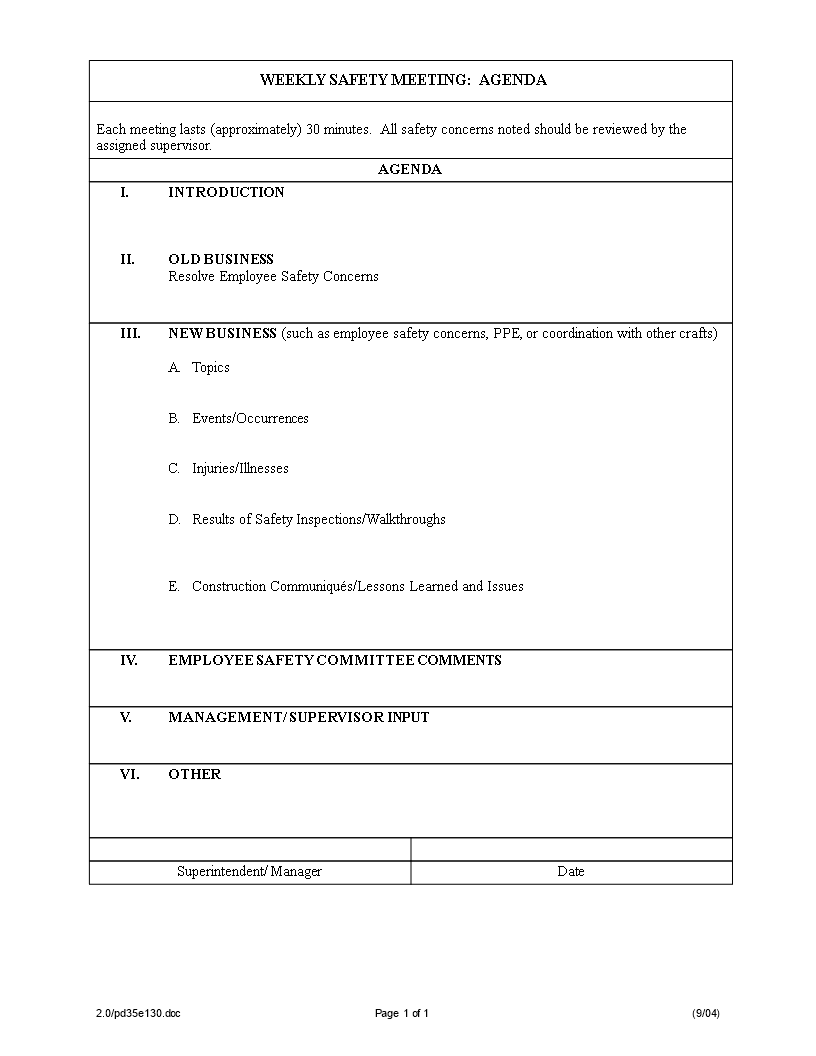 Kostenloses Weekly Safety Meeting Agenda Within Safety Committee Agenda Template Kostenloses Weekly Safety Meeting Agenda Within Safety Committee Agenda Template