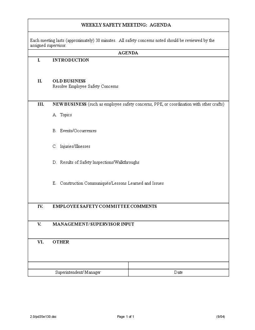 weekly safety meeting agenda template