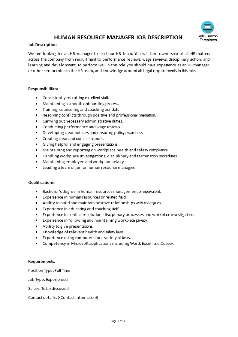 Human Resource Manager Job Description main image