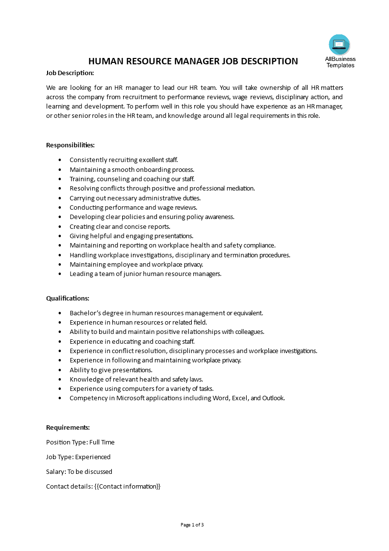 human resource manager job description voorbeeld afbeelding 