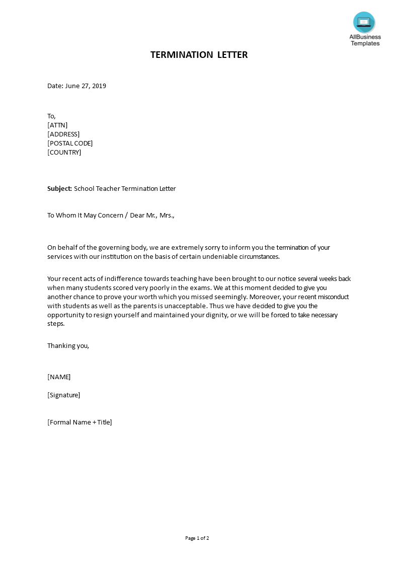 termination letter to teacher template template