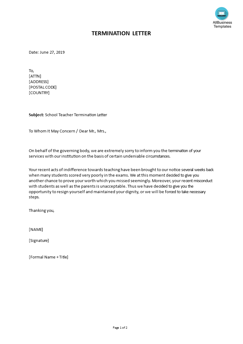 sample termination letter for school teacher