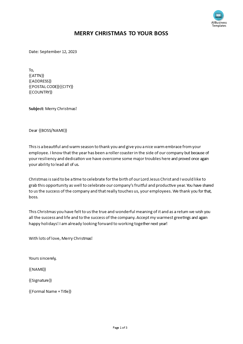 Christmas Letter To Boss Templates At Allbusinesstemplates Com
