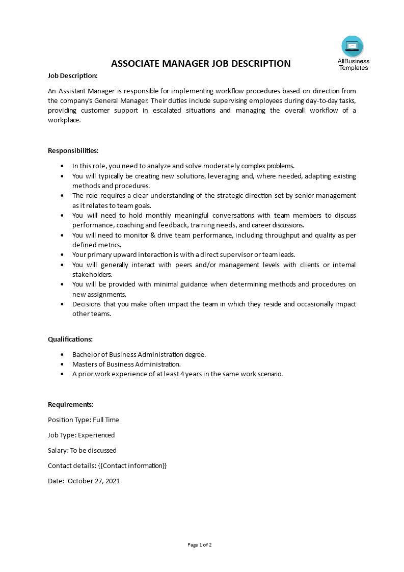 associate manager job description template