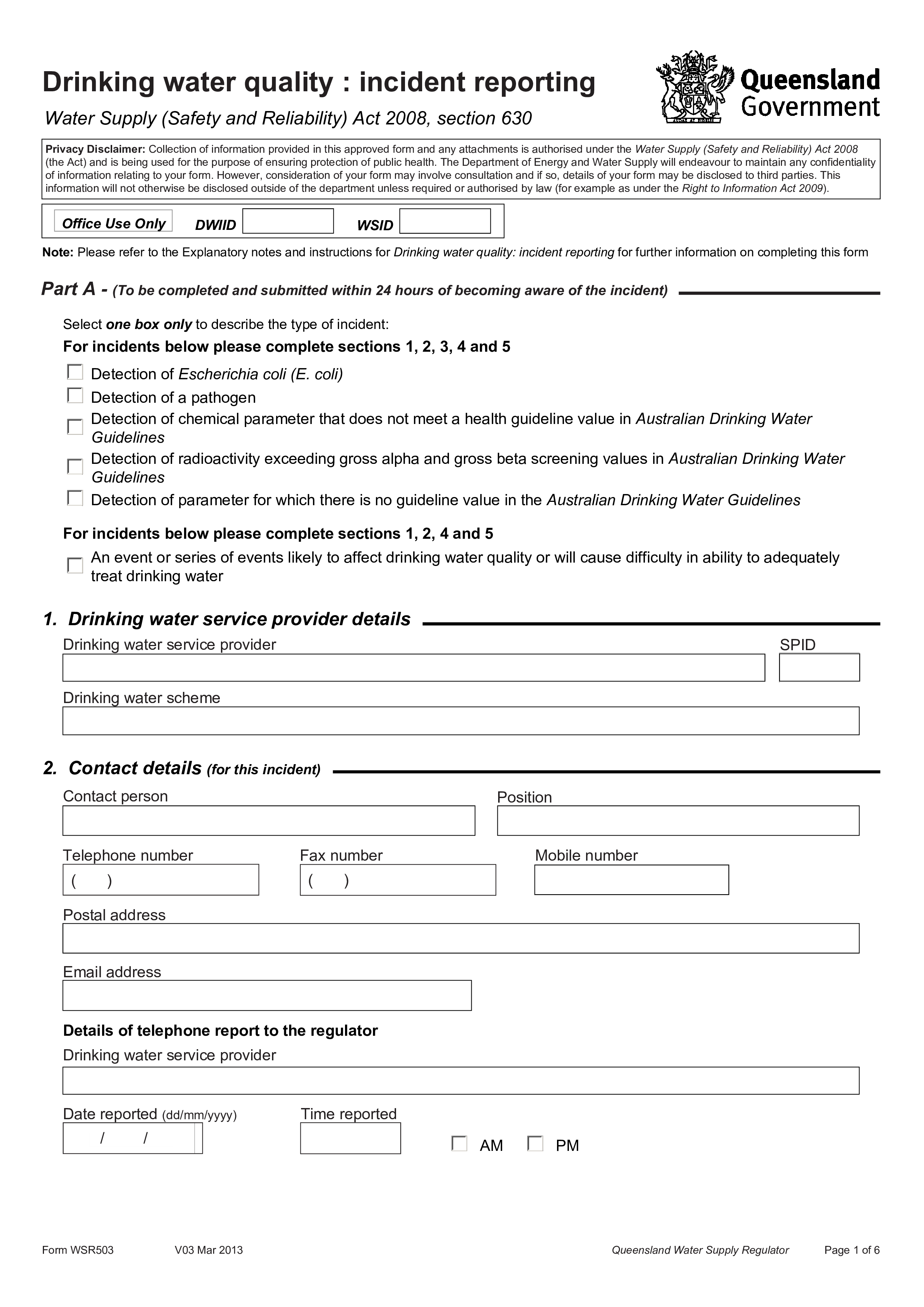 drinking water quality incident report modèles