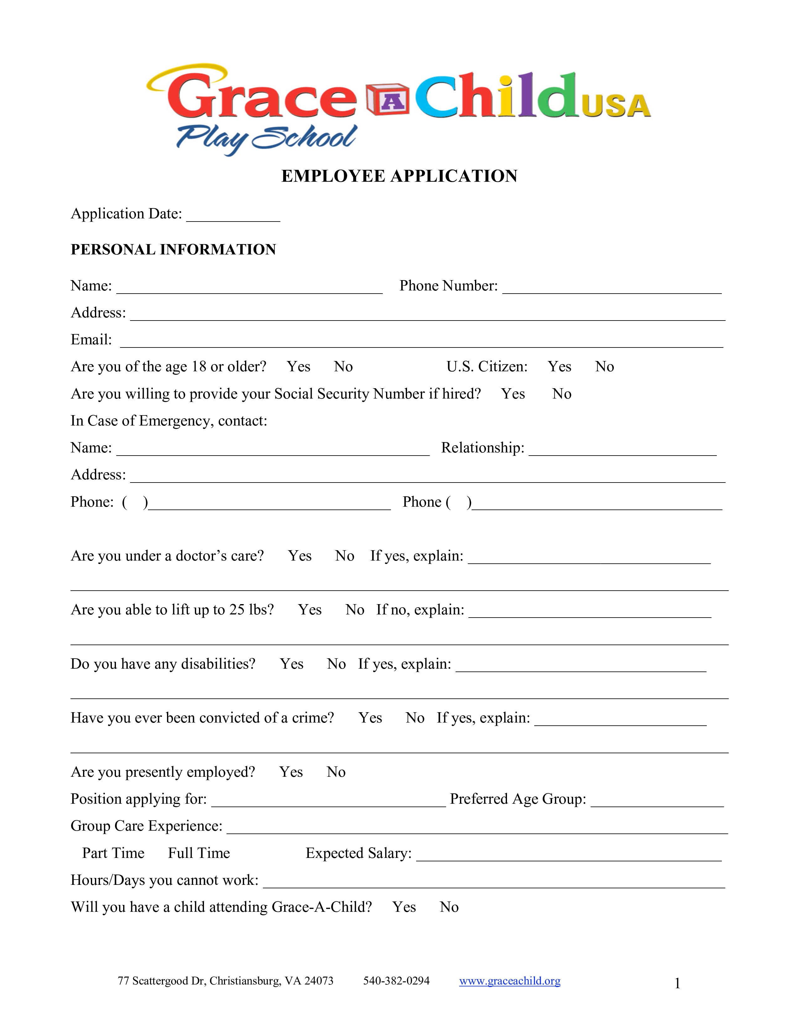 Printable Child Care Job Application Form Printable Forms Free Online