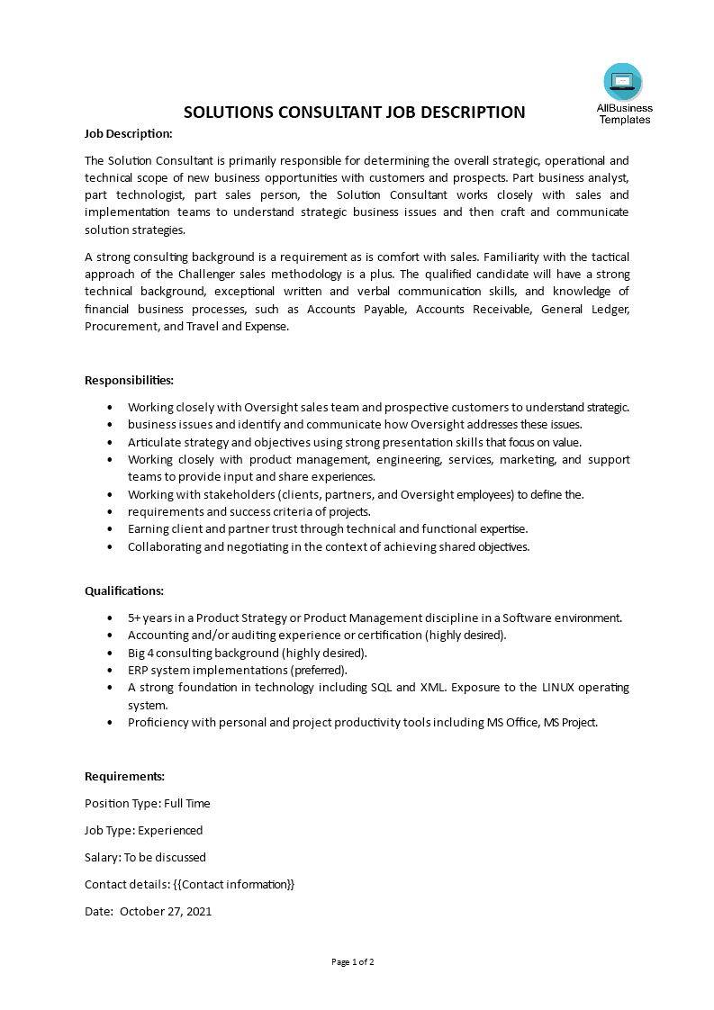 solutions consultant job description template