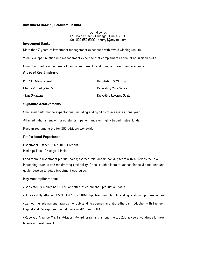 investment banking graduate resume template