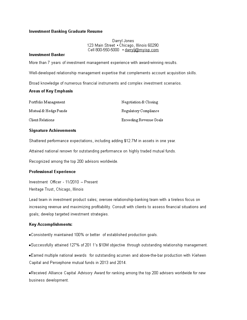 Investment Banking Graduate Resume main image