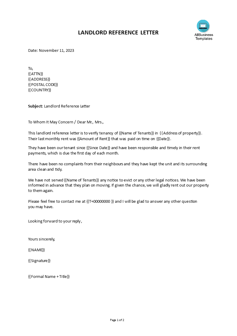 Landlord Reference Letter Templates at