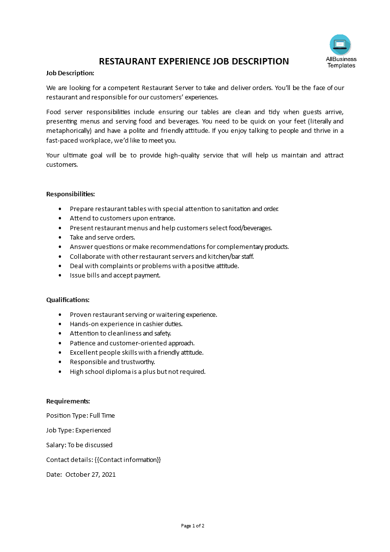 Restaurant Experience Job Description main image