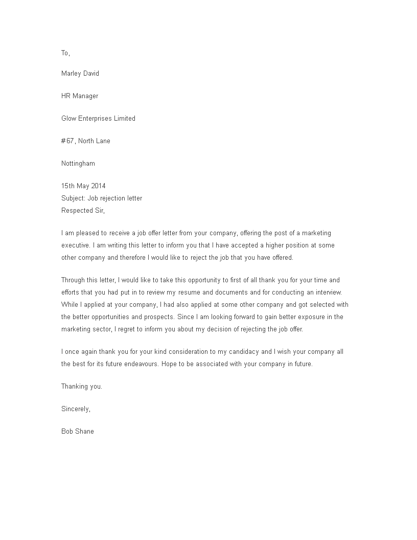basic job rejection letter template
