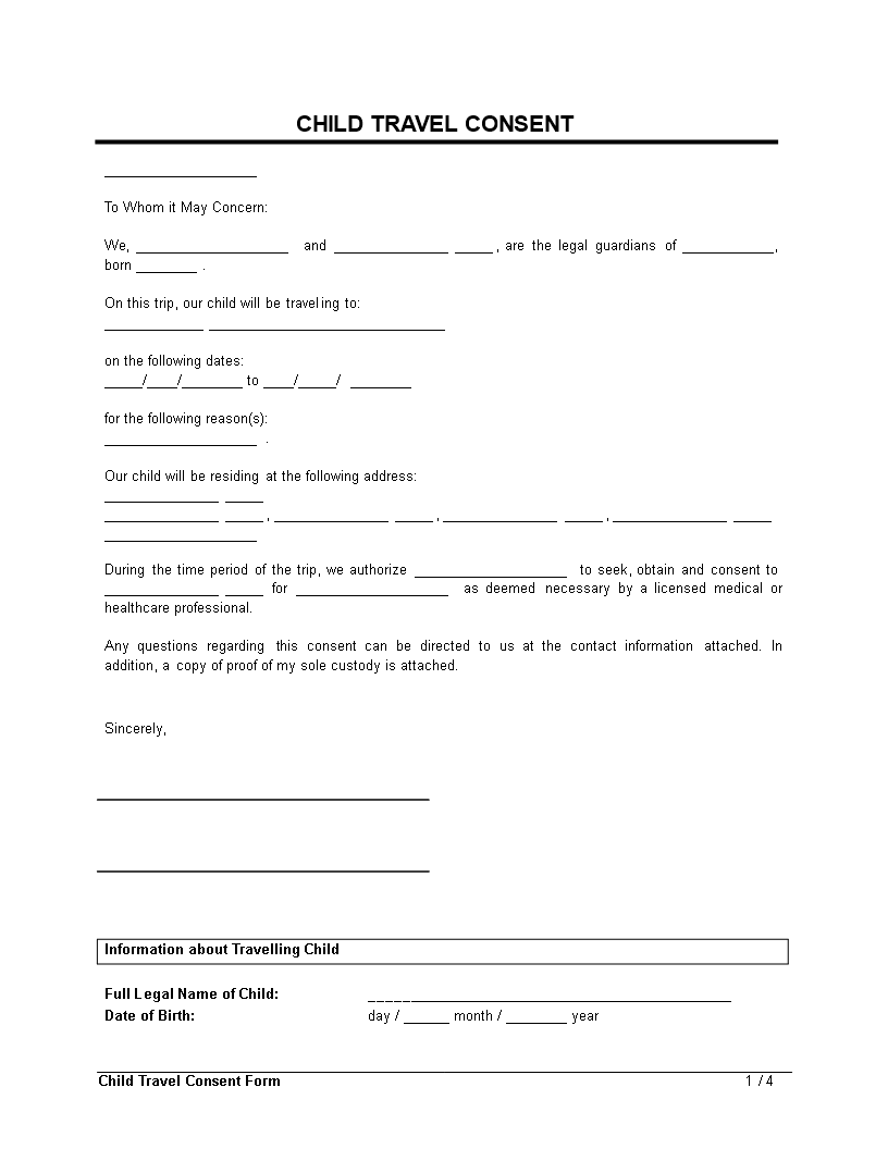 Child Travel Consent Form Clean 模板