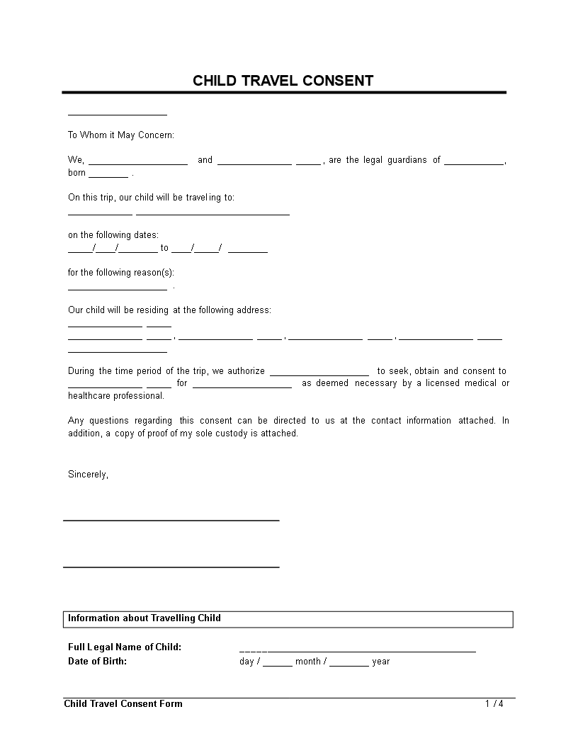 Printable Child Travel Consent Form