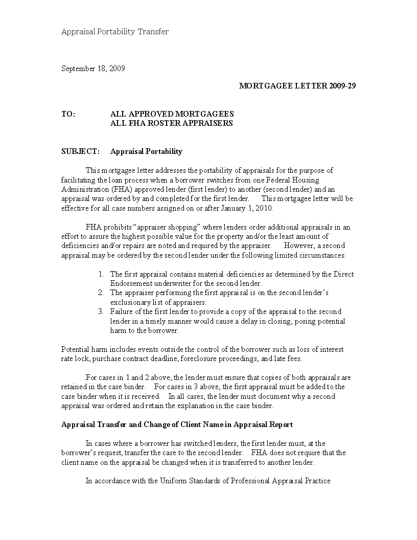 appraisal portability transfer letter template