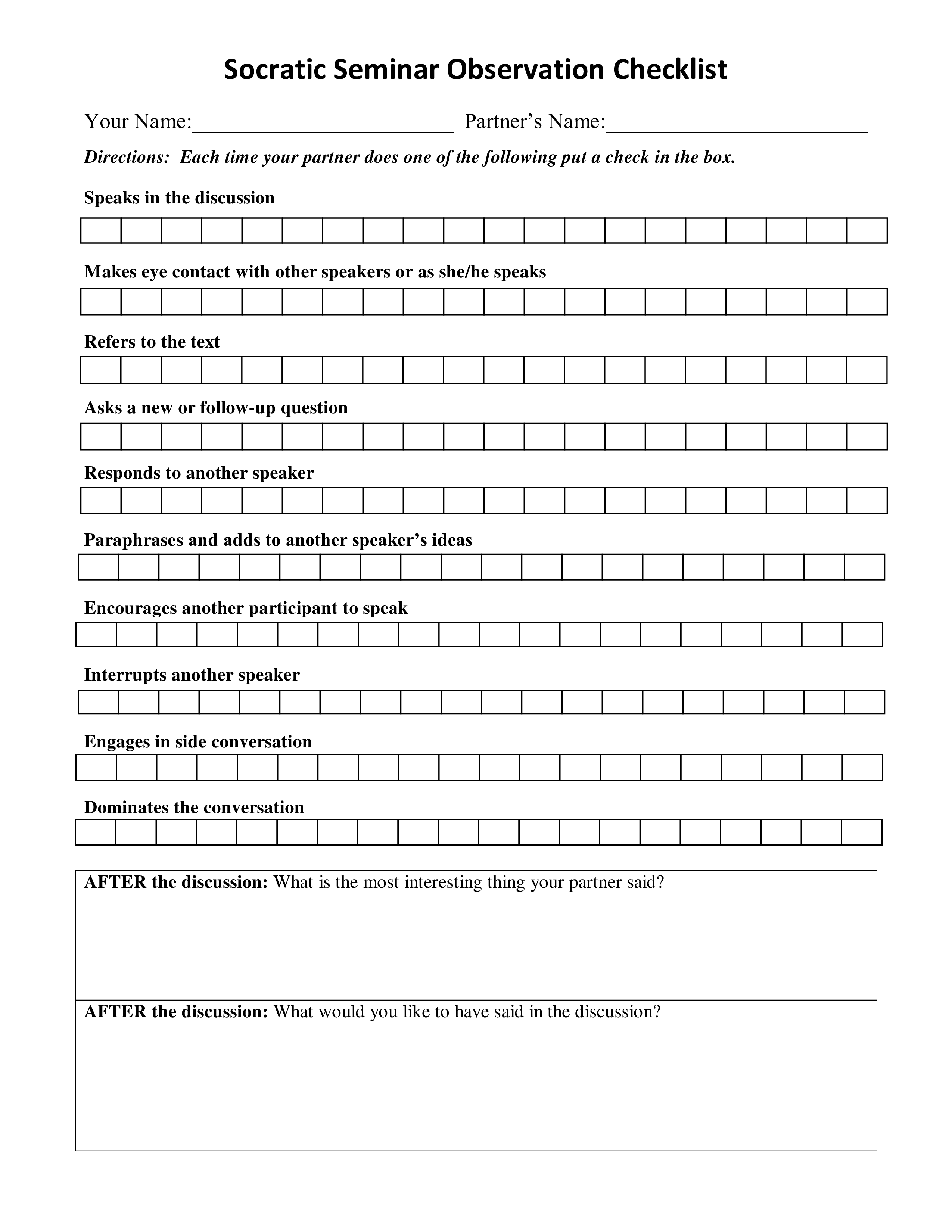 socratic seminar observation checklist template