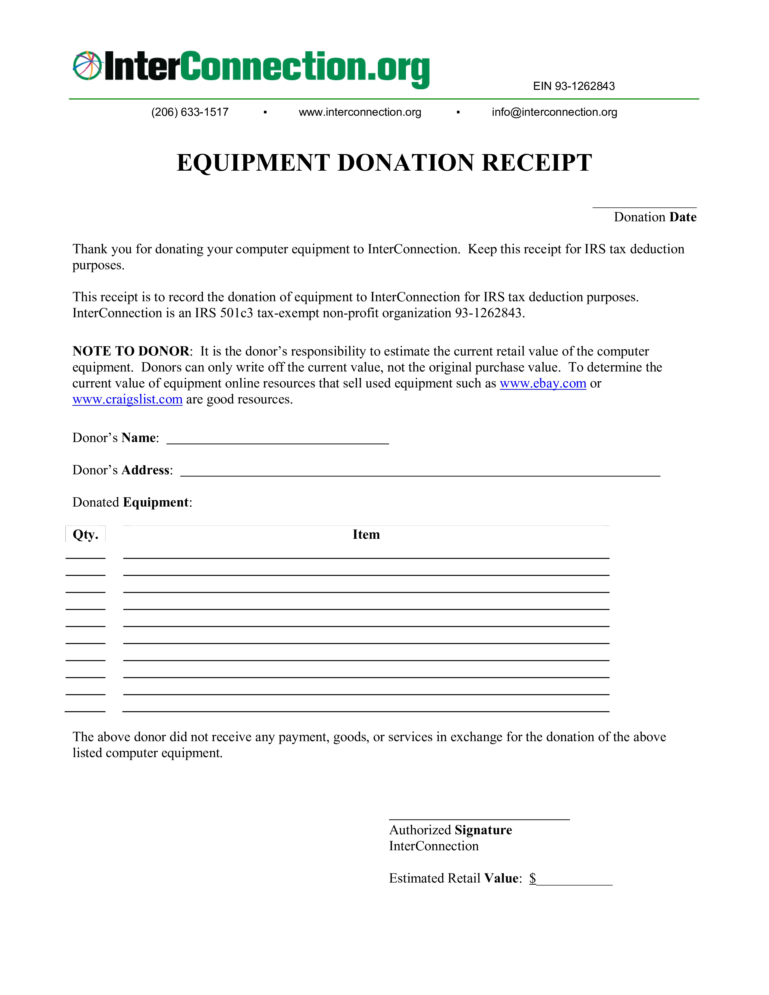 equipment donation receipt modèles