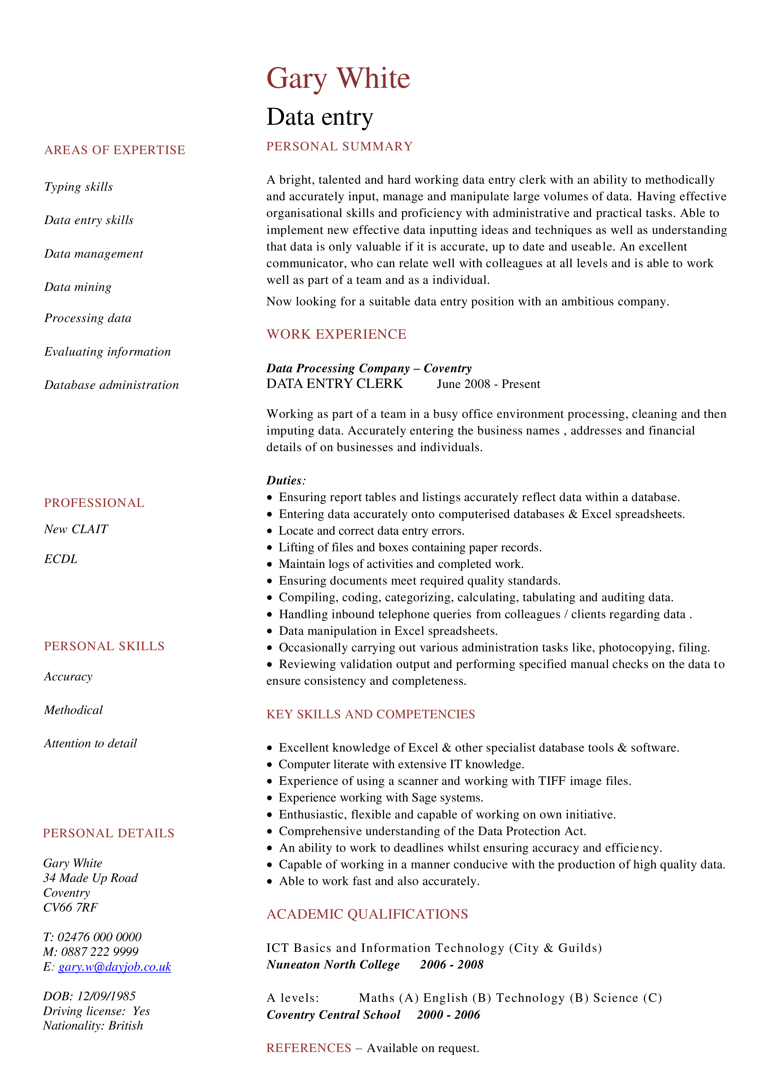 Data Entry Specialist Resume main image