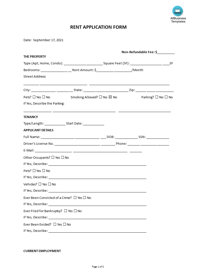 rent application form template