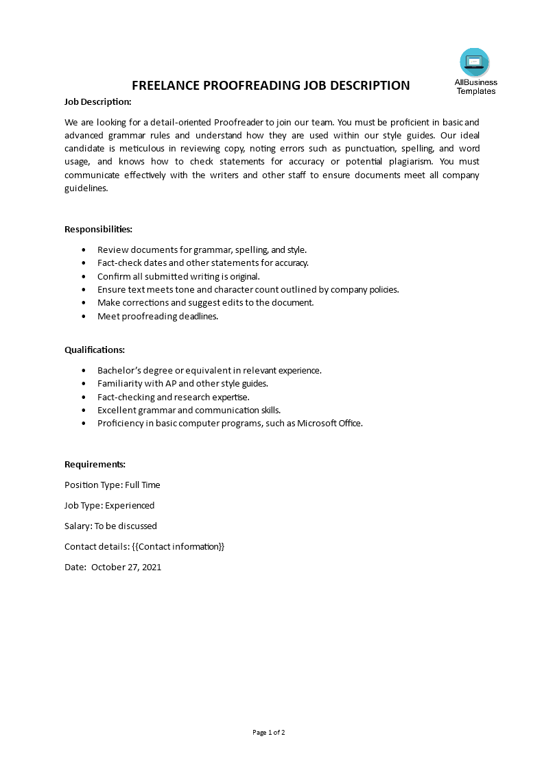 freelance proofreading job description template