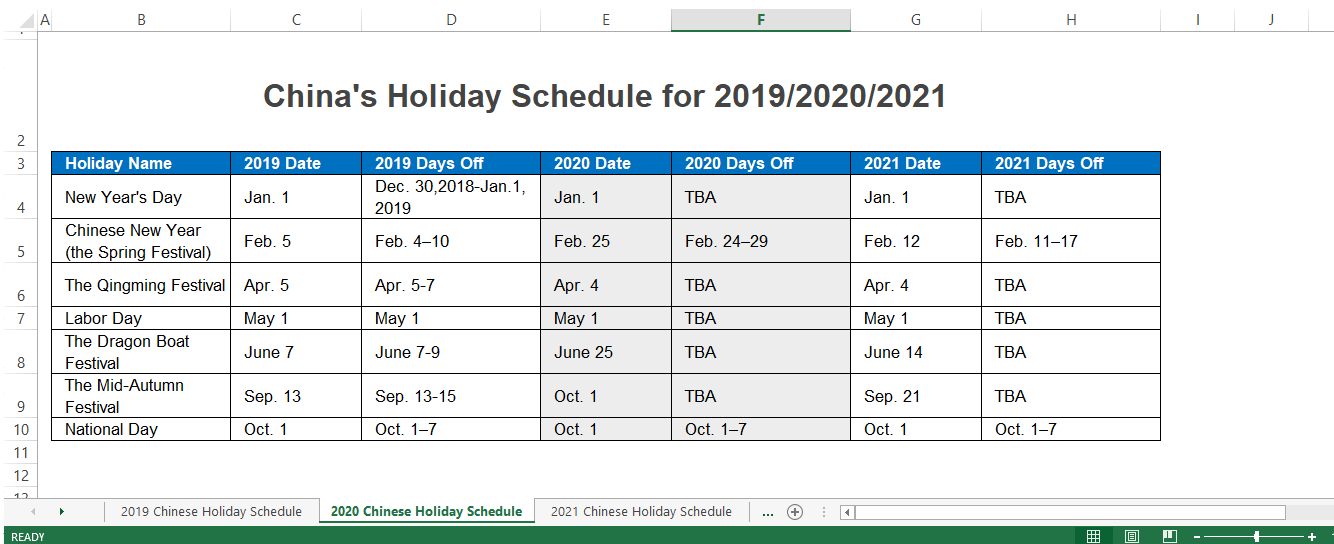 2020 Official Mainland China Holiday Calendar including Make up days main image