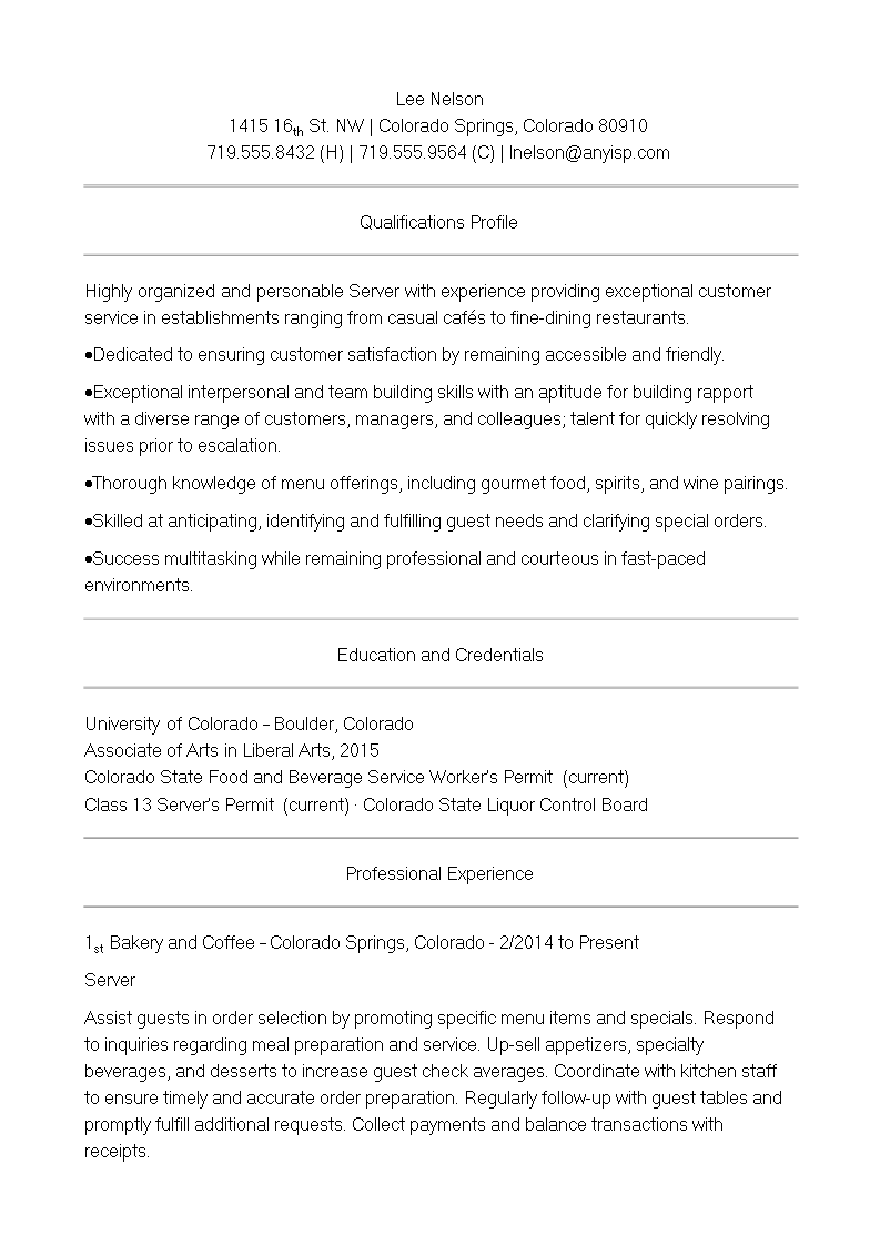 cafe server resume template