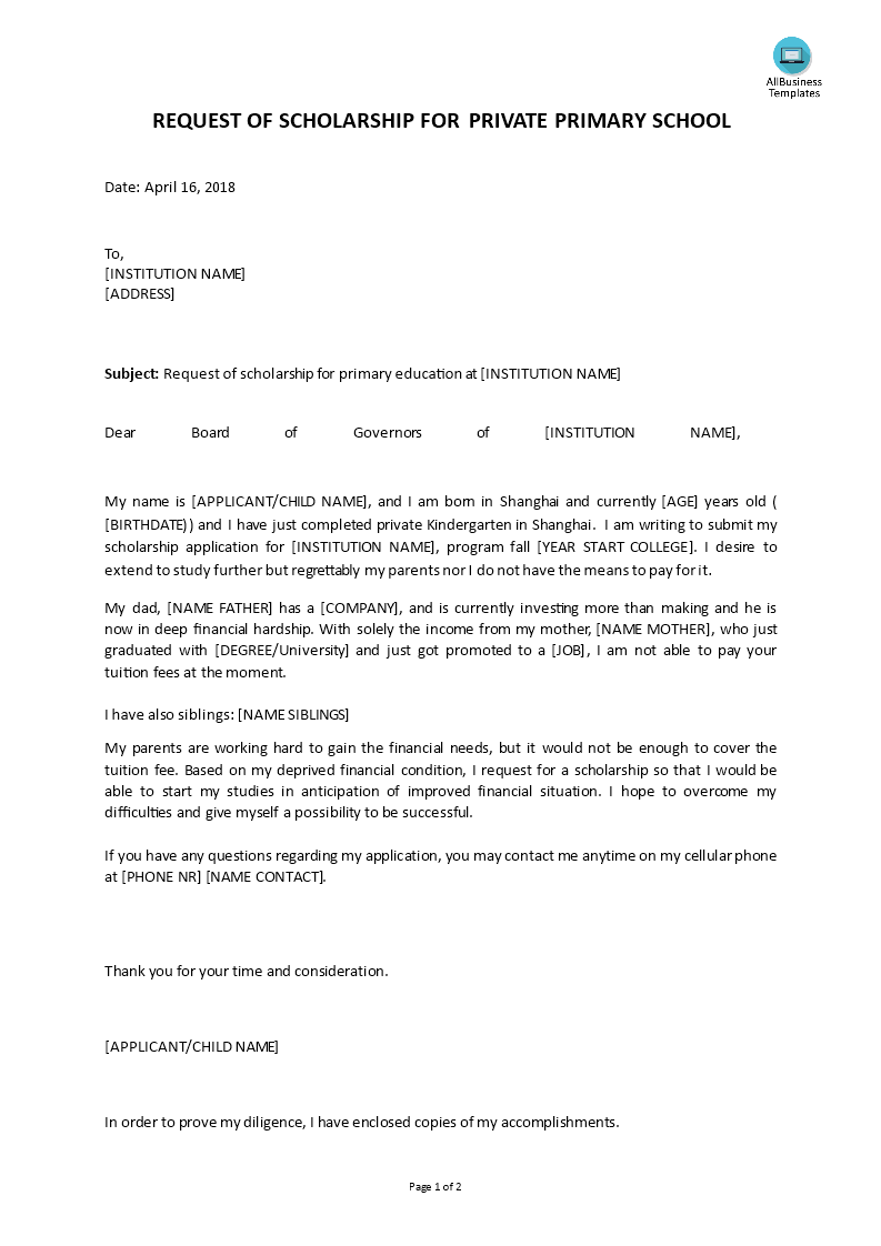 application letter child private primary school template