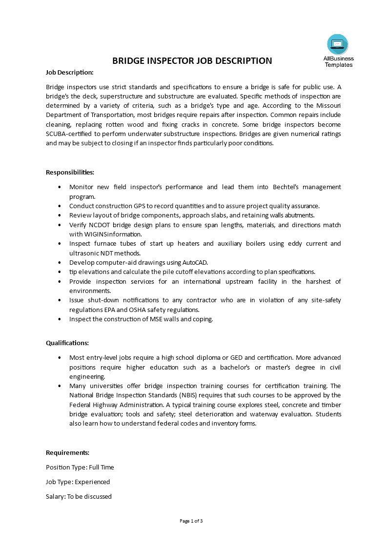 bridge inspector job description template