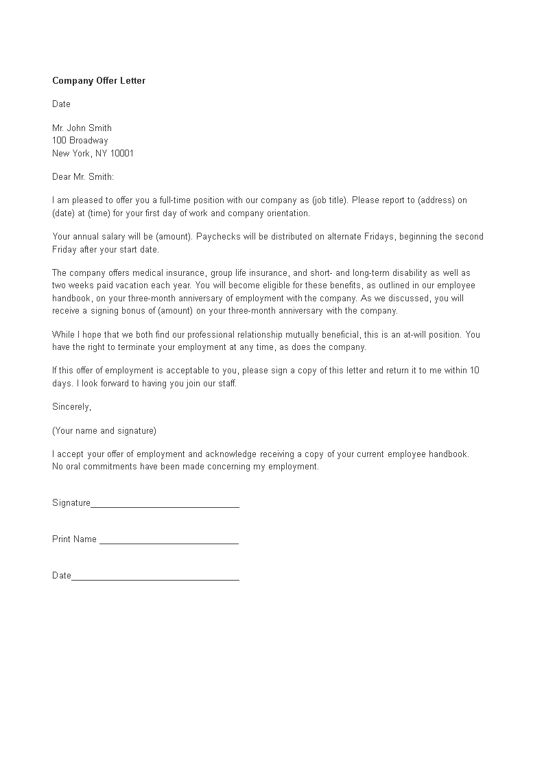 company offer letter template